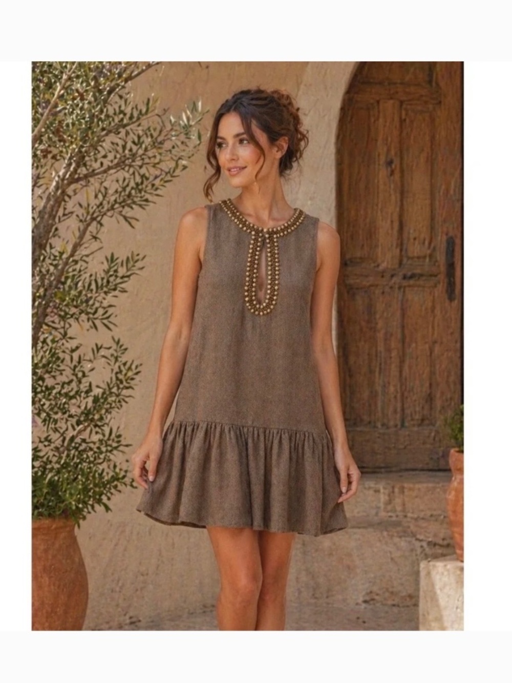 Anthropologie NWT Sz S Brown Herringbone Wool Mini Dress
